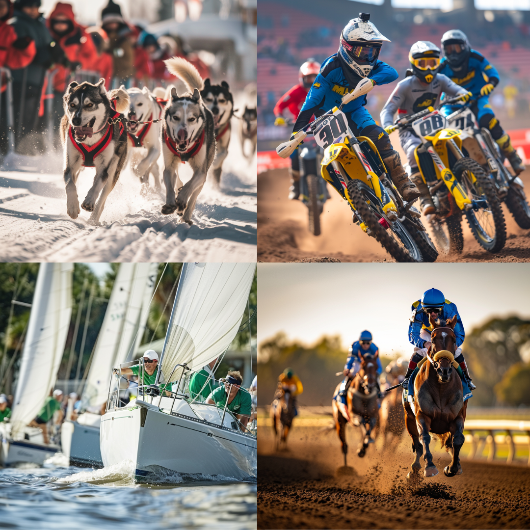 Thrill of the Race AI MidJourney Image Prompt, 8001action, adrenaline, athleticism, competition, dynamic, energy, extreme sports, horse racing, midjourney, motocross, outdoor sports, racing, sled dogs, speed, sports photography, team spirit, thrill, victory., yacht racing