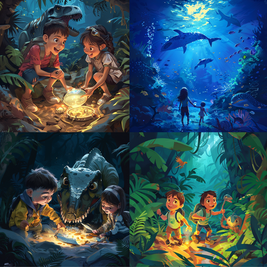 AI MidJourney Image Prompt, Jungle Whispers and Wonders, 4945Adventurous kids, Aquatic marvels, Bioluminescent mysteries, chat gpt, chat gpt prompts, chatgpt, chatgpt prompts, Dinosaur fascination, Exploratory awe, Hidden artifacts, Jungle treasures, Lush wilderness, midjourney, Prehistoric discoveries, Storybook Illustrations, Submerged fantasies