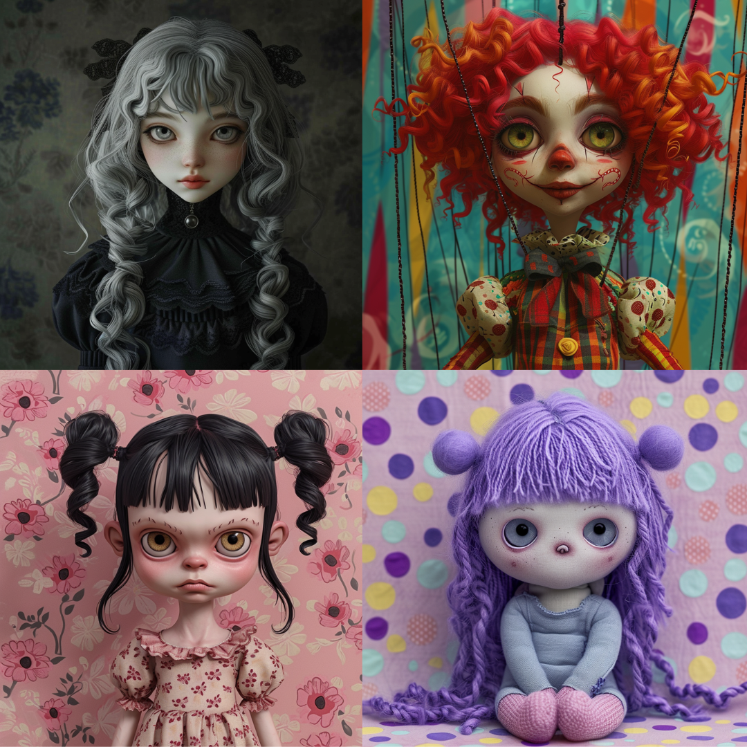 Gothic and Whimsical Dolls AI MidJourney Image Prompt, Character Art, 4222Alternative dolls, Art dolls, Big-eyed dolls, chat gpt, chat gpt prompts, chatgpt, chatgpt prompts, Creepy cute, Cute scary dolls, Dark fantasy dolls, Fantasy dolls, Gothic art, Gothic collectibles, Gothic dolls, Gothic figurines, Handcrafted dolls, Haunted dolls, Horror dolls, Macabre toys, midjourney, Porcelain dolls, Tim Burton-inspired dolls, Whimsical art, Whimsical figures, Whimsical toys