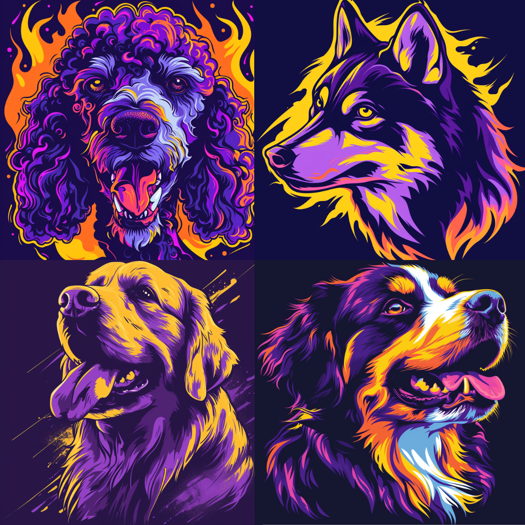 Neon Canine Spirit MidJourney Image Prompt, Character Art, 4189Artistic fur patterns, Canine charisma, chat gpt, chat gpt prompts, chatgpt, chatgpt prompts, Dynamic pet art, Electric colors, Expressive dog faces, Fluorescent tones, Glow effect, Luminous animal illustrations, midjourney, Neon palette, Pet personality expression, Psychedelic pet art, Radiant canine depictions, Striking animal visuals, Vibrant dog portraits, Vivid animal artwork