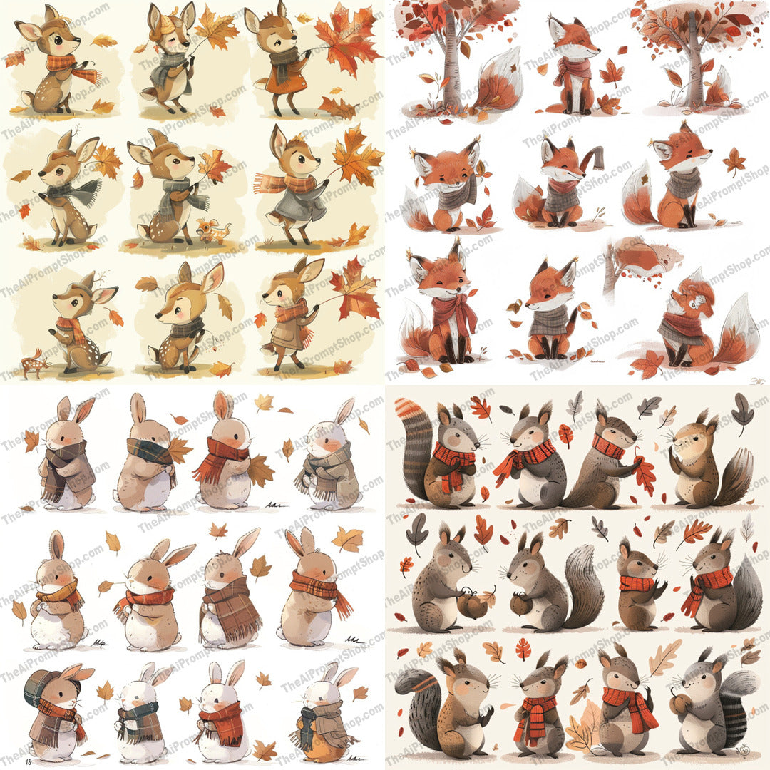 Cute woodland animal in scarves illustration in a watercolor style created from an AI image prompt.