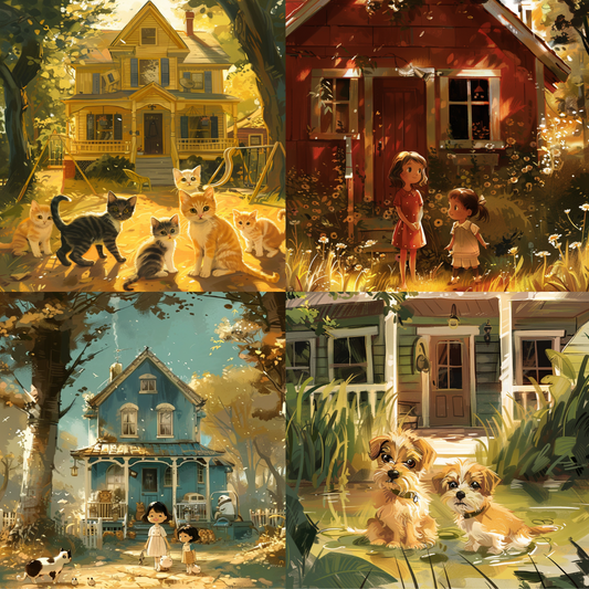 AI MidJourney Image Prompt, Homestead Harmony, 4946Autumnal cats, Canine curiosity, chat gpt, chat gpt prompts, chatgpt, chatgpt prompts, Childhood simplicity, Feline friends, Golden hour glow, midjourney, Nostalgic homelife, Playful puppies, Rural tranquility, Serene backyards, Storybook Illustrations, Suburban tales