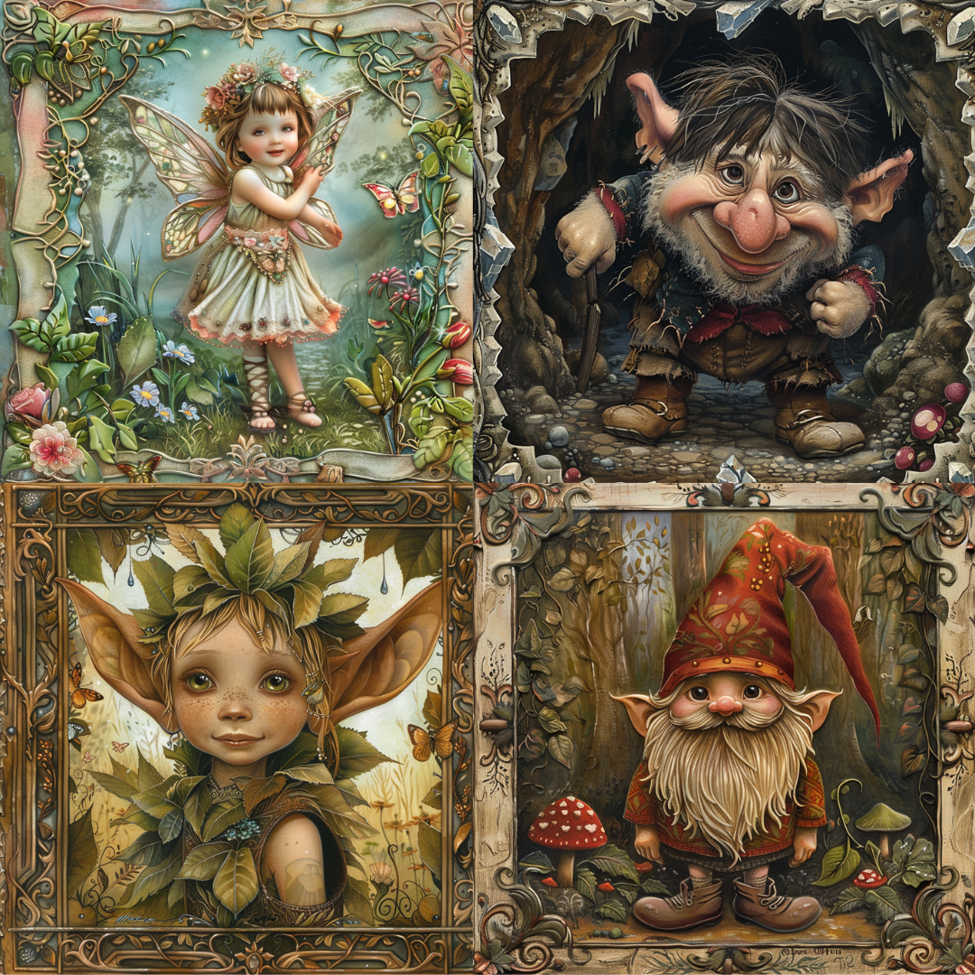 Whimsical Forest Creatures AI MidJourney Image Prompt, 8071AI image prompts, charming characters, creative AI tools, creative prompts, detailed fantasy designs, enchanted storytelling, fairy tale characters, fairy tale world, fantasy art inspiration, imaginative art, magical fairies, midjourney, mystical elves, storybook visuals, troll illustrations, whimsical forest art, whimsical visuals, woodland gnomes