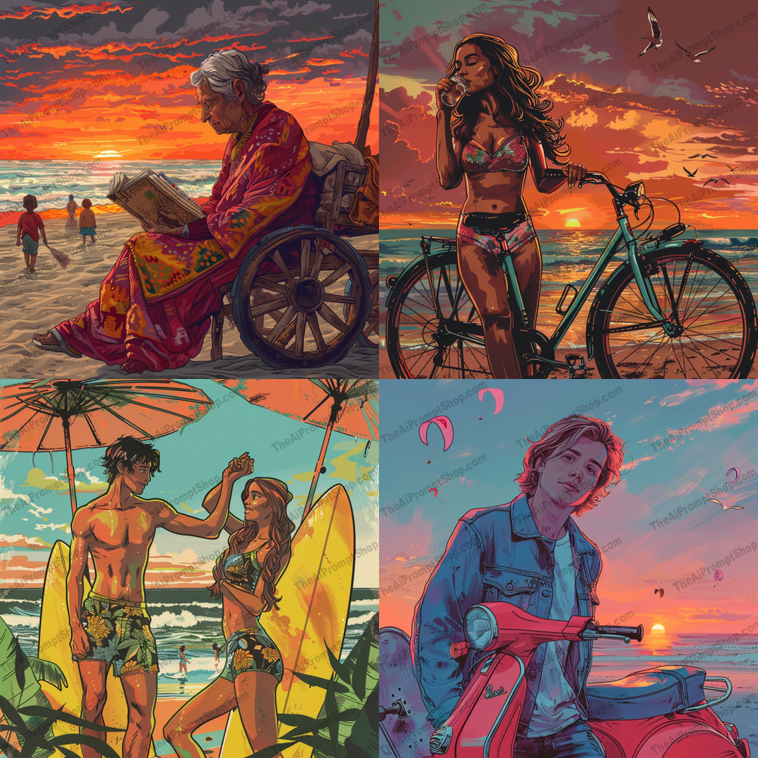Sunset Beaches and Vibrant Moments AI MidJourney Image Prompt, 9326 Landscapes & Paintings, midjourney, beach, sunset, bicycle, surfboard, summer, vibrant, colorful, sand, ocean, waves, reading, leisure, vacation, couple, adventure, sunset sky, scenic, paradise, beachgoers, beach life, Midjourney, Ai, Ai Image Prompt, Image Prompt, Prompt