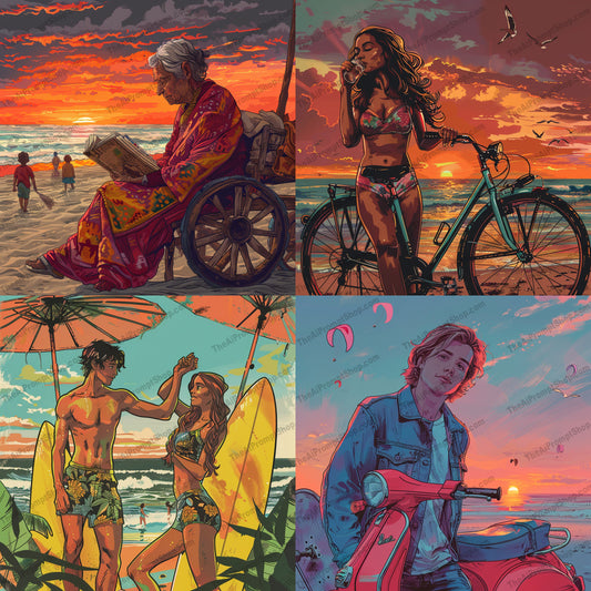 Sunset Beaches and Vibrant Moments AI MidJourney Image Prompt, 9326 Landscapes & Paintings, midjourney, beach, sunset, bicycle, surfboard, summer, vibrant, colorful, sand, ocean, waves, reading, leisure, vacation, couple, adventure, sunset sky, scenic, paradise, beachgoers, beach life, Midjourney, Ai, Ai Image Prompt, Image Prompt, Prompt