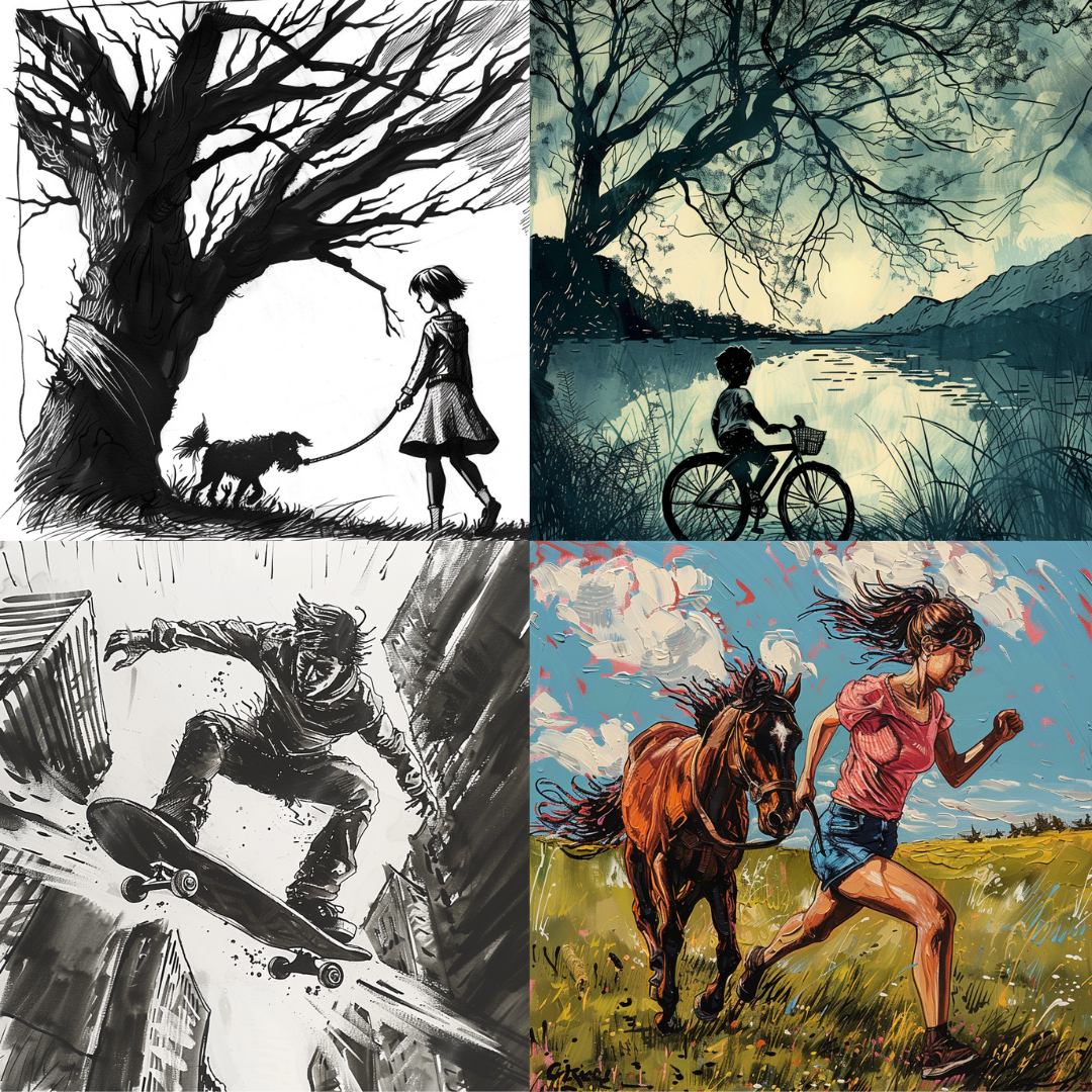 AI MidJourney Image Prompt, Dynamic Solitude, 4948chat gpt, chat gpt prompts, chatgpt, chatgpt prompts, Contemplative silhouettes, Cycling reflections, Expressive motion, Free-spirited gallop, Inked introspection, midjourney, Peaceful solitude, Rural reverie, Skateboarding thrills, Storybook Illustrations, Wild companions, Windswept moments