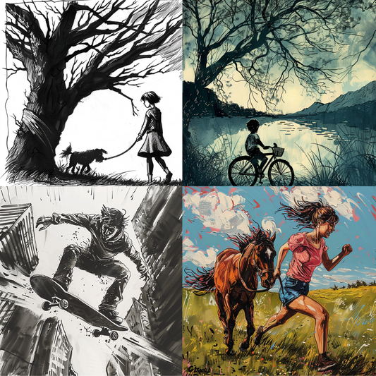 AI MidJourney Image Prompt, Dynamic Solitude, 4948chat gpt, chat gpt prompts, chatgpt, chatgpt prompts, Contemplative silhouettes, Cycling reflections, Expressive motion, Free-spirited gallop, Inked introspection, midjourney, Peaceful solitude, Rural reverie, Skateboarding thrills, Storybook Illustrations, Wild companions, Windswept moments