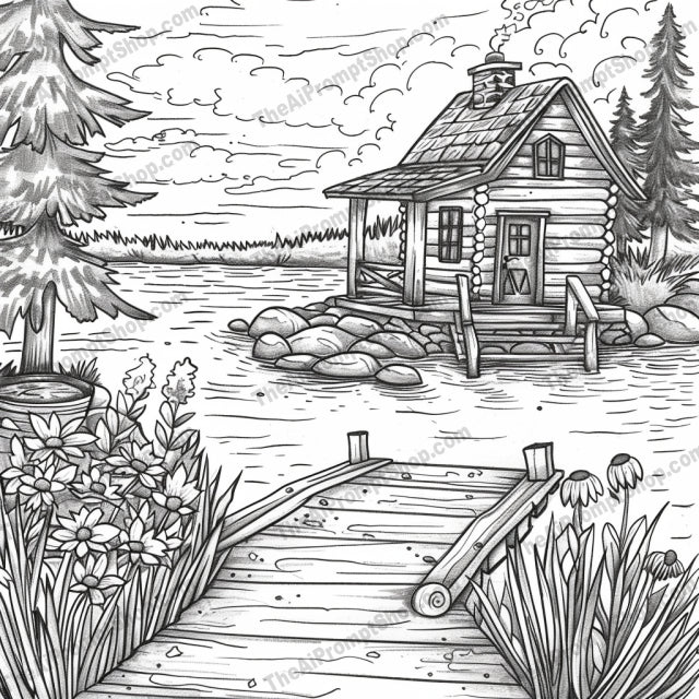 Quaint Homes and Nature Scenes AI MidJourney Image Prompt, 8371Ai, Ai Image Prompt, artist illustration, black and white, cabin, country house, cozy houses, detailed drawing, garden, illustration, Image Prompt, ink drawing, landscape, Landscapes & Paintings, midjourney, nature, nature retreat, outdoor, peaceful, Prompt, quaint homes, scenic, serene settings, treehouse, vintage, waterfront