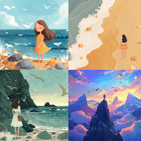 AI MidJourney Image Prompt, Seashore Serenity Collection, 4949chat gpt, chat gpt prompts, chatgpt, chatgpt prompts, Coastal dreams, Marine adventure, midjourney, Oceanic tranquility, Rocky beach, Sandy walks, Seagull companions, Seaside escapades, Serene seashore, Storybook Illustrations, Sunset silhouettes, Whimsical beach day