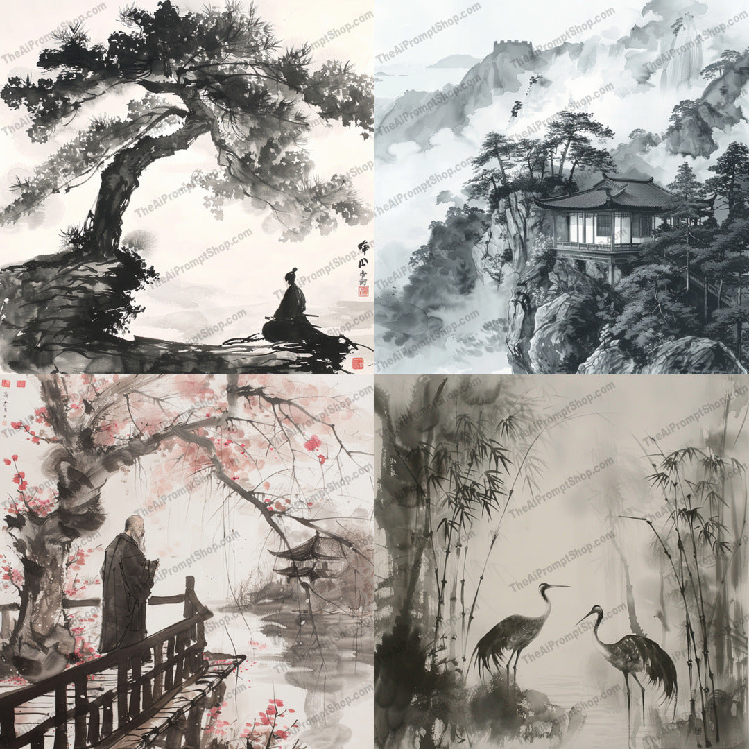 Oriental Ink Painting AI MidJourney Image Prompt, 8914 Landscapes & Paintings, midjourney, Oriental, ink painting, nature, traditional architecture, serenity, tranquility, harmony, landscape, brush strokes, light and shadow, classical art, Asian art, mountains, trees, bamboo, cranes, cherry blossoms, water scenery, reflection, mist, Midjourney, Ai, Ai Image Prompt, Image Prompt, Prompt