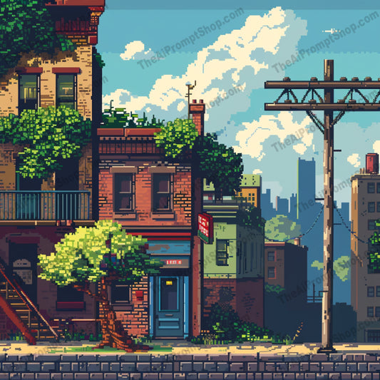 AI MidJourney Image Prompt, Pixelated City Serenity, 51618-bit style, Animation, cartoon, Charming simplicity, City at dusk, Digital nostalgia, Evening cityscape, midjourney, Moonlit ambience, Pixel art, Pixelated skyline, Retro game aesthetic, Serene urban life, Urban scene, Vintage graphics