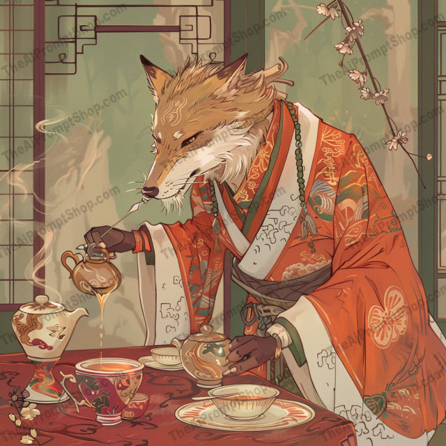 Elegant Anthropomorphic Tea Party AI MidJourney Image Prompt, 8441Ai, Ai Image Prompt, animal figures, Animals, anthropomorphic, artistic, charming, decorative, detailed art, elegant, enchanting, exquisite, fantasy style, Image Prompt, intricate, midjourney, Prompt, refined, rich colors, sophisticated, stylized animals, tea party, themed party, traditional attire, visual experience, whimsical