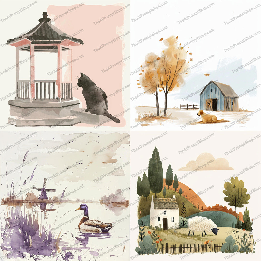 Tranquil Countryside Scene AI MidJourney Image Prompt, 9489 Storybook Illustrations, midjourney, countryside, landscape, tranquility, cottage, farm animals, rural life, serene, picturesque, hills, nature, peaceful, artwork, illustration, calm, idyllic, pastoral, fields, meadow, watercolor, scenery, Midjourney, Ai, Ai Image Prompt, Image Prompt, Prompt