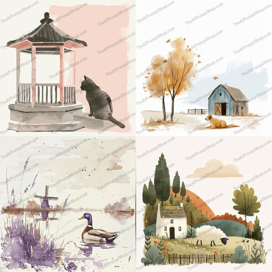 Tranquil Countryside Scene AI MidJourney Image Prompt, 9489 Storybook Illustrations, midjourney, countryside, landscape, tranquility, cottage, farm animals, rural life, serene, picturesque, hills, nature, peaceful, artwork, illustration, calm, idyllic, pastoral, fields, meadow, watercolor, scenery, Midjourney, Ai, Ai Image Prompt, Image Prompt, Prompt
