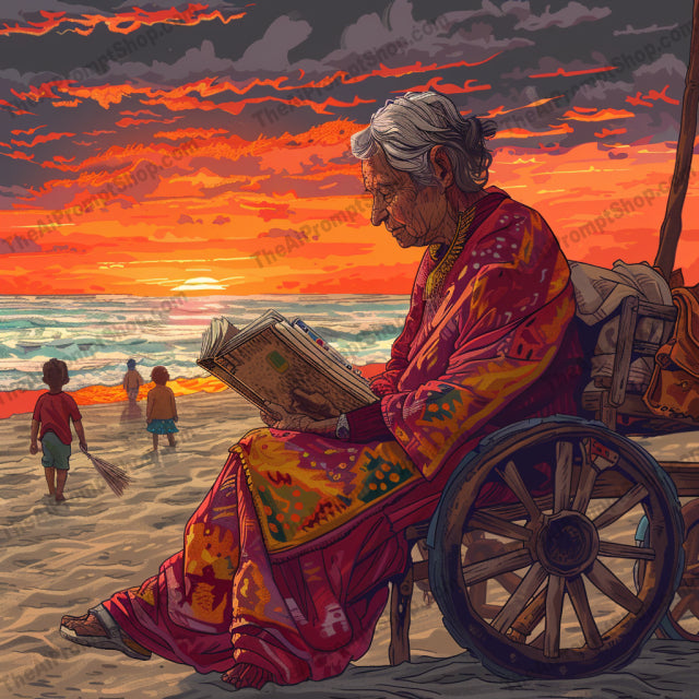 Sunset Beaches and Vibrant Moments AI MidJourney Image Prompt, 9326 Landscapes & Paintings, midjourney, beach, sunset, bicycle, surfboard, summer, vibrant, colorful, sand, ocean, waves, reading, leisure, vacation, couple, adventure, sunset sky, scenic, paradise, beachgoers, beach life, Midjourney, Ai, Ai Image Prompt, Image Prompt, Prompt