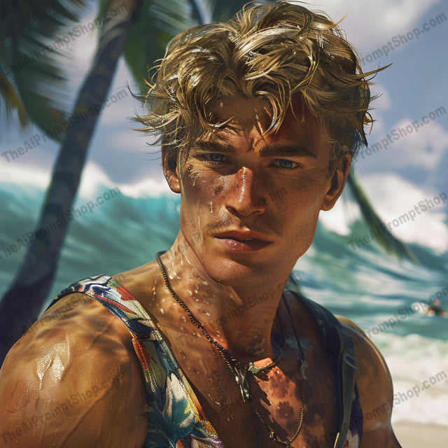 Tropical Beach Vibes Portrait AI MidJourney Image Prompt, 8159carefree, coastal, floral, island life, midjourney, nature, ocean, palm trees, paradise, relaxed, scenic, seaside, summer, sunlight, sunset, tropical beach, tropical shirt, vacation, vibrant, waves