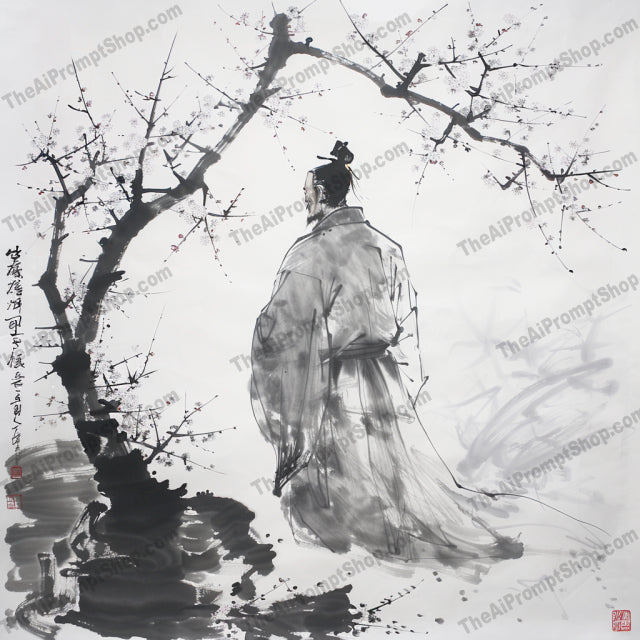 Elegant Zen Ink Art AI MidJourney Image Prompt, 8917 Isometrics & Icons, midjourney, zen, ink art, minimalist, solitary figure, serene landscapes, calmness, introspection, delicate brushwork, subtle contrasts, traditional, asian art, tranquility, peaceful, nature, monochrome, black and white, meditative, walking, bamboo, chinese painting, Midjourney, Ai, Ai Image Prompt, Image Prompt, Prompt