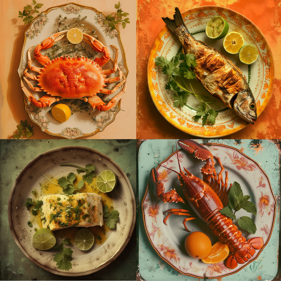 Seafood Selections AI MidJourney Image Prompt, Food, 4270Aquatic Delights, chat gpt, chat gpt prompts, chatgpt, chatgpt prompts, Citrus, Crustaceans, Delicious, Exquisite Cuisine, Fish, Fresh Seafood, Gastronomy, Gourmet, Herbs, King Crab, Lobster, midjourney, Ocean Bounty, Plating, Seafood, Seafood Platter