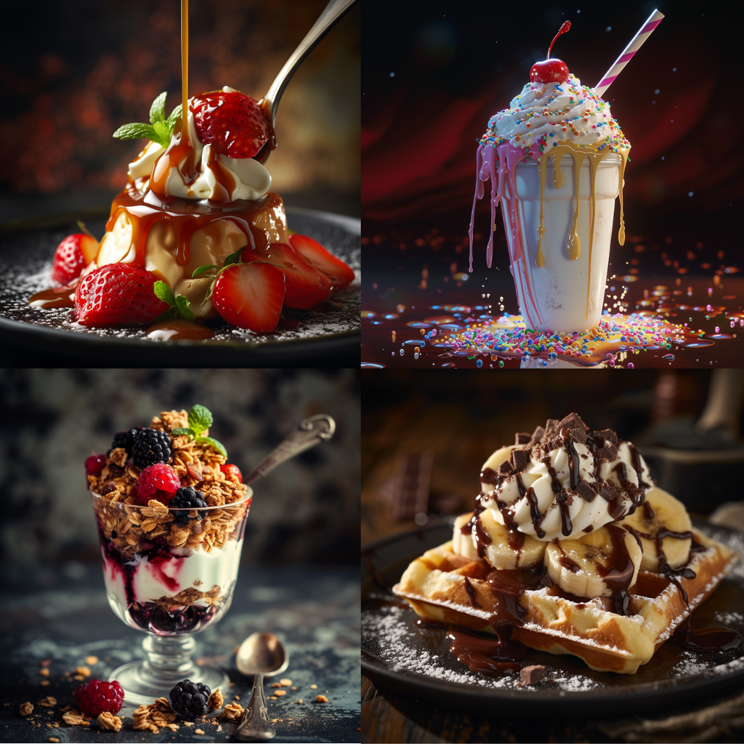 Decadent Delights AI MidJourney Image Prompt, Food, 4269Berries, chat gpt, chat gpt prompts, chatgpt, chatgpt prompts, Chocolate, Culinary Art, Delicious, Dessert, Dessert Plating, Food Photography, Gastronomy, Gourmet, Granola, Indulgence, midjourney, Milkshake, Parfait, Patisserie, Sprinkles, Strawberry Pancakes, Sugary, Sweet Treats, Waffles, Whipped Cream