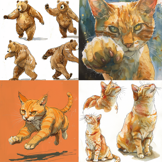 AI MidJourney Image Prompt, Animated Animal Antics, 4952Artistic animal expressions, Bear character study, Bear dance, Cat's gaze, chat gpt, chat gpt prompts, chatgpt, chatgpt prompts, Dynamic wildlife illustrations, Energetic sketches, Feline poise, Graceful cats, midjourney, Playful bear sketches, Storybook Illustrations, Whimsical pet movements