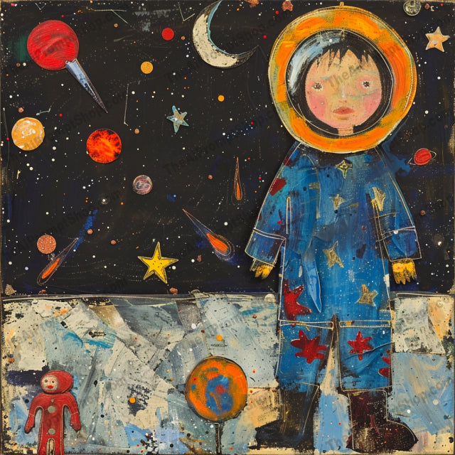 Whimsical Cosmic Adventures AI MidJourney Image Prompt, 8010artistic, childhood dreams, children, cosmic, creative, dreamy, exploration, handmade textures, imagination, midjourney, planets, playful, space, stars, universe, whimsical