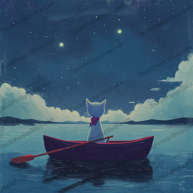Whimsical Night Rowing AI MidJourney Image Prompt, 9342 Landscapes & Paintings, midjourney, whimsical, night, rowing, boat, serene, star-filled, sky, calm, tranquil, water, soft colors, dreamy, peace, wonder, nighttime, illustration, character, moonlight, paddle, starry night, Midjourney, Ai, Ai Image Prompt, Image Prompt, Prompt