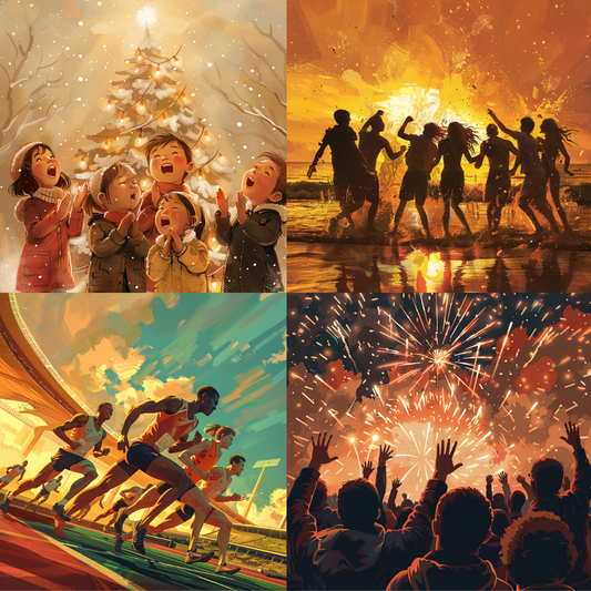 AI MidJourney Image Prompt, Euphoric Moments Montage, 4922Celebratory scenes, chat gpt, chat gpt prompts, chatgpt, chatgpt prompts, Emotional warmth, Enthralling spectacles, Festive ambiance, Joyful expressions, Kinetic figures, midjourney, Rich golden hues, Storybook Illustrations, Unity in celebration, Vivid motion, Warm lighting