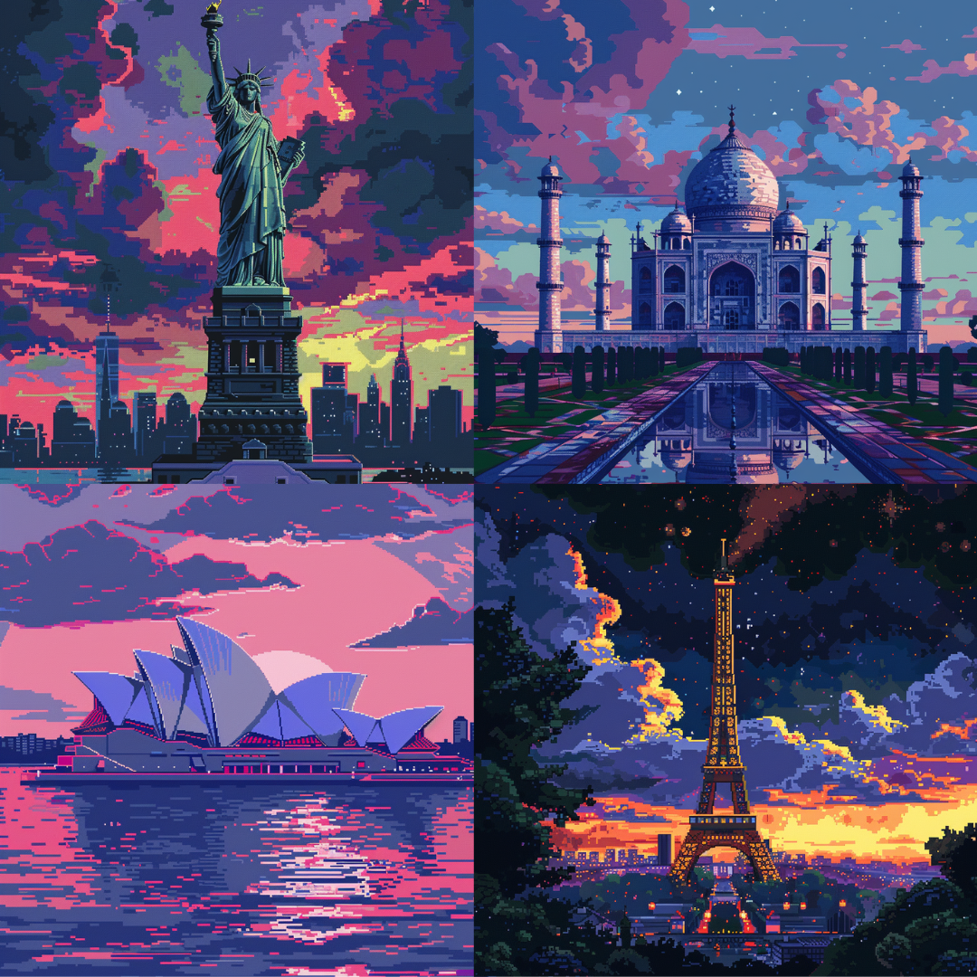 AI MidJourney Image Prompt, Pixelated Wonders at Dusk, 4712Architectural silhouette, chat gpt, chat gpt prompts, chatgpt, chatgpt prompts, Digital art, Dusk landscapes, Iconic landmarks, Landscapes, midjourney, Pixel art travel, Pixel cloudscape, Reflection in water, Retro gaming aesthetic, Sunset palette, Twilight cityscape