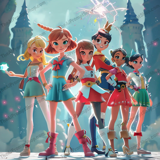 AI MidJourney Image Prompt, Mystical Heroines, 5148Adventure animation, Animation, Anime-inspired 3D, cartoon, Diverse hero team, Enchanted artifacts, Enchanted castle background, Fantasy character group, Heroine ensemble, Legendary warriors, Magical girl squad, Magical powers, midjourney, Sparkling effects, Team of heroes