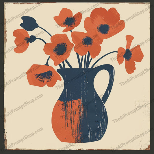 Vintage Floral Charm AI MidJourney Image Prompt, 8020artistic, botanical, charming, classic, country style, decorative, floral, flowers, home decor, midjourney, navy, nostalgic, orange, pitchers, retro, rustic, teapot, vases, vintage