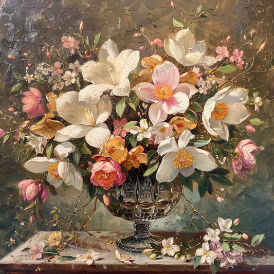 Exquisite Floral Still Life AI MidJourney Image Prompt, 8351Ai, Ai Image Prompt, art, art piece, beautiful, blossoms, botanical, classical, decor, detailed, elegant, floral, Florals, flowers, Image Prompt, intricate, midjourney, muted tones, nature, painting, Prompt, rich colors, still life, textured, vase, vibrant