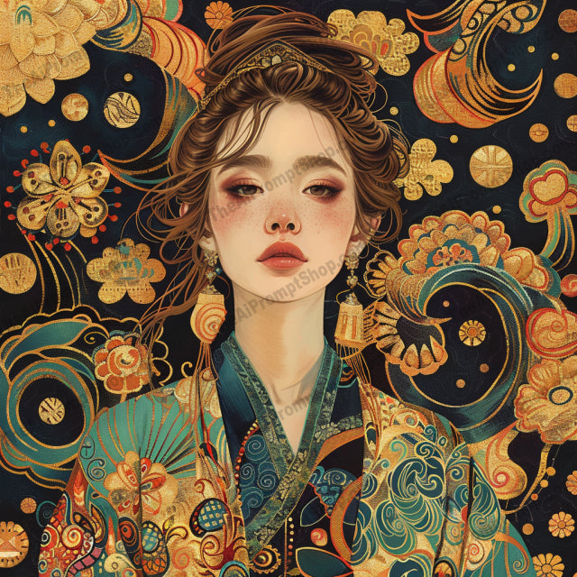 Oriental Elegance AI MidJourney Image Prompt, 8341Ai, Ai Image Prompt, Anime, art, attire, beauty, Chinese, colors, creatures, cultural, detailed, elegance, elegant, elements, floral, heritage, Image Prompt, intricate, Japanese, mesmerizing, midjourney, modern, motifs, mythical, oriental, patterns, Prompt, rich, tapestry, traditional, vibrant