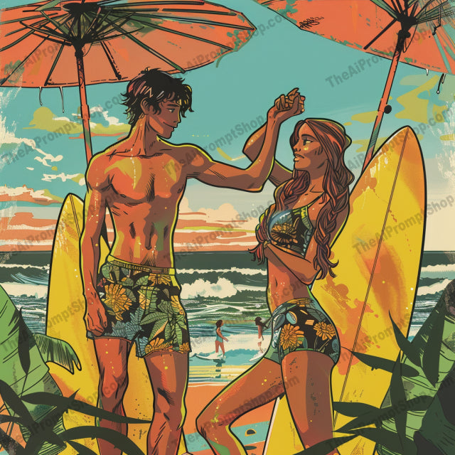 Sunset Beaches and Vibrant Moments AI MidJourney Image Prompt, 9326 Landscapes & Paintings, midjourney, beach, sunset, bicycle, surfboard, summer, vibrant, colorful, sand, ocean, waves, reading, leisure, vacation, couple, adventure, sunset sky, scenic, paradise, beachgoers, beach life, Midjourney, Ai, Ai Image Prompt, Image Prompt, Prompt