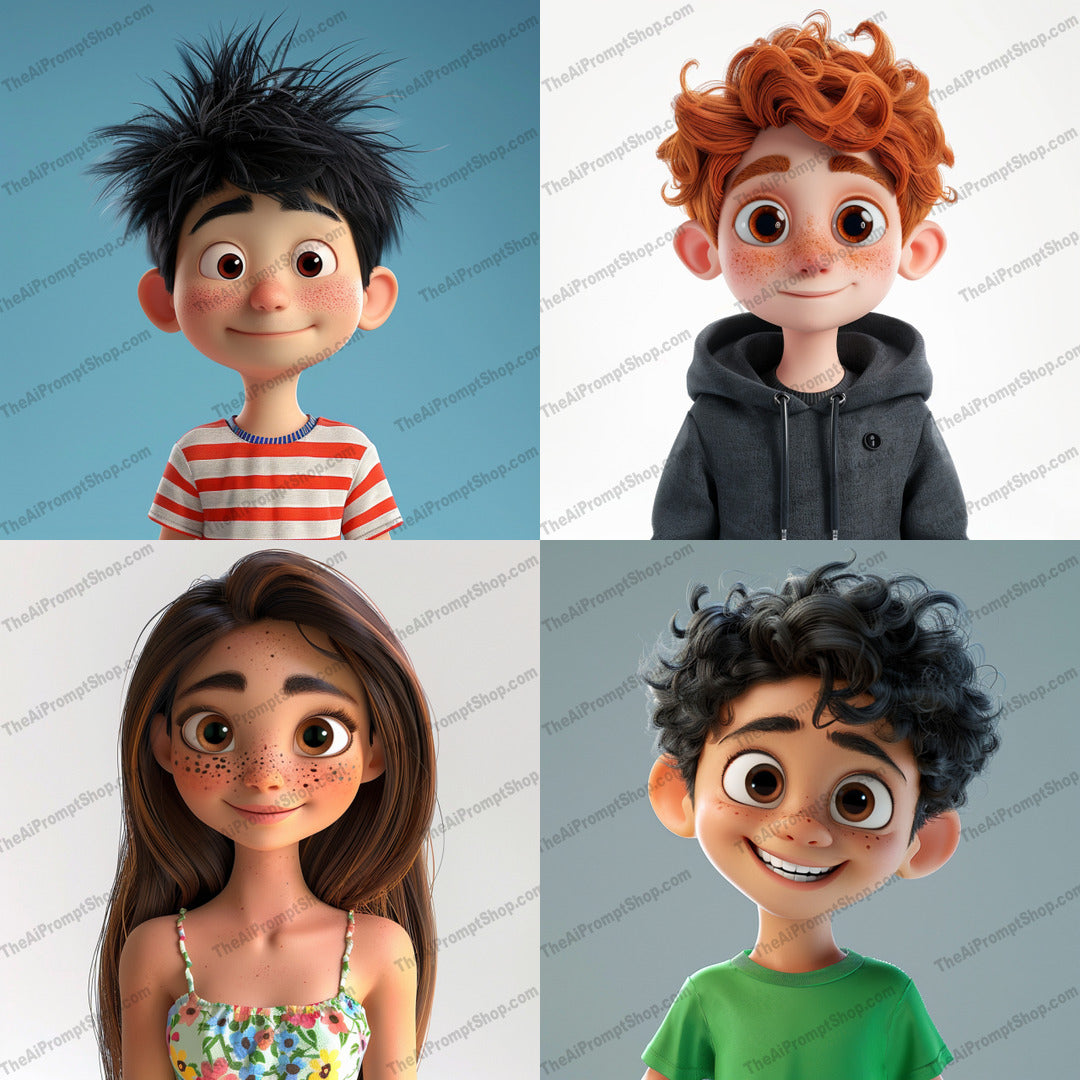 Stylized Character Portraits AI MidJourney Image Prompt, 8645Ai, Ai Image Prompt, animation style, artistic expression, cartoon characters, Character Art, character design, character illustration, concept art, creative illustration, curly hair, digital art, digital painting, floral top, green shirt, hoodie, Image Prompt, midjourney, modern art, Prompt, straight hair, striped shirt, stylized portraits, vibrant colors, young characters, youth fashion