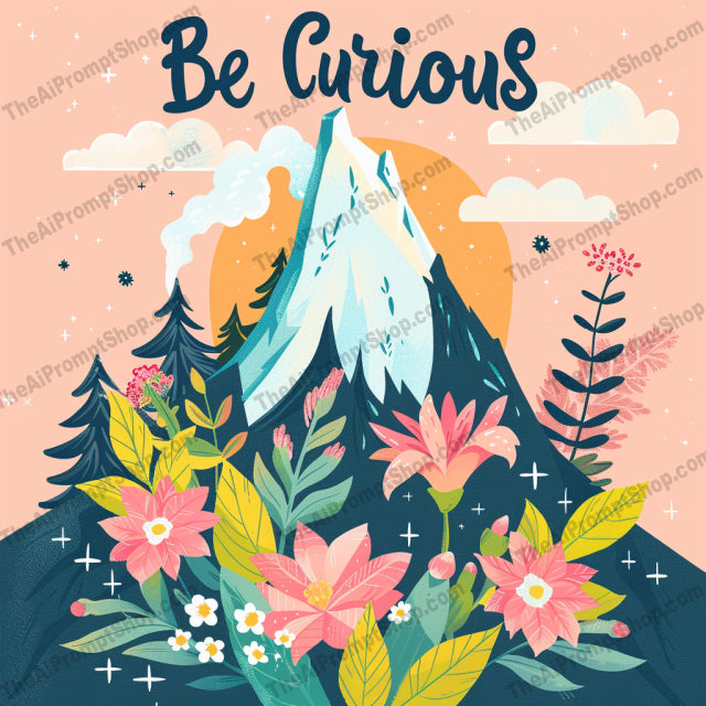 Be Curious: Nature's Wonders AI MidJourney Image Prompt, 8022artistic, be curious, creative, exploration, inspirational, midjourney, motivational, mountain, mushroom, nature, playful, positive message, rainbow, tree, typography, whimsical
