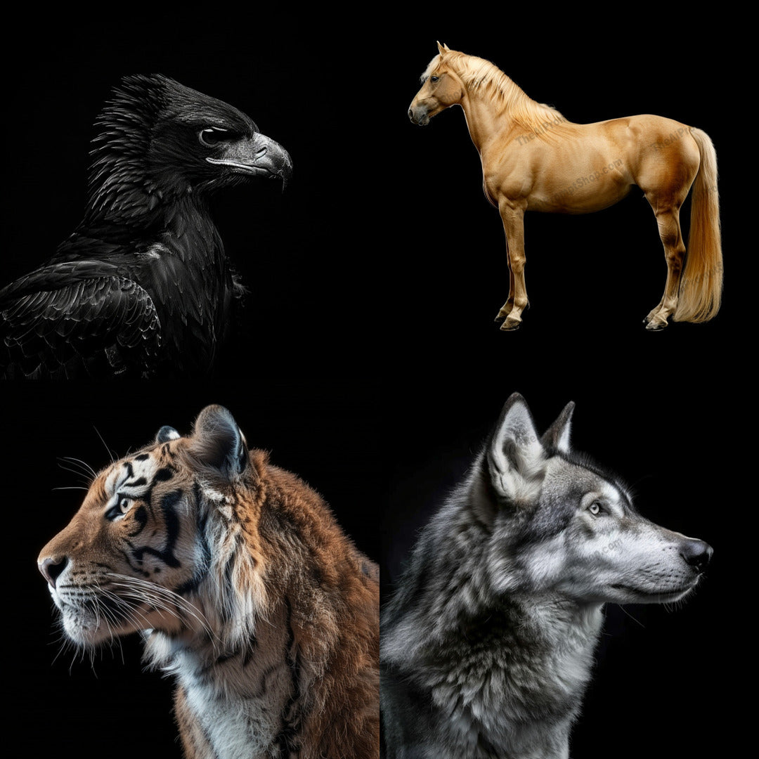 Majestic Animal Portraits AI MidJourney Image Prompt, 9078 Animals, midjourney, majestic, animal, portrait, black eagle, golden horse, tiger, grey wolf, wildlife, nature, regal, elegant, beauty, detailed, dark background, distinctive, natural grace, photography, exquisite, magnificent, noble, Midjourney, Ai, Ai Image Prompt, Image Prompt, Prompt