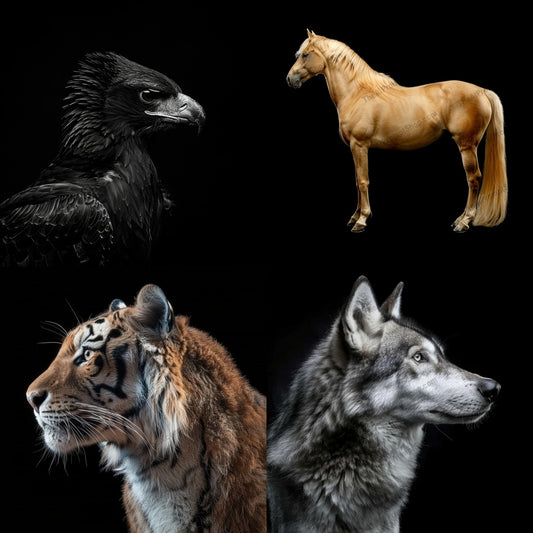 Majestic Animal Portraits AI MidJourney Image Prompt, 9078 Animals, midjourney, majestic, animal, portrait, black eagle, golden horse, tiger, grey wolf, wildlife, nature, regal, elegant, beauty, detailed, dark background, distinctive, natural grace, photography, exquisite, magnificent, noble, Midjourney, Ai, Ai Image Prompt, Image Prompt, Prompt