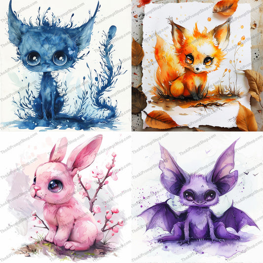 Charming Fantasy Creatures AI MidJourney Image Prompt, 8986 Fantasy, midjourney, fantasy, creatures, watercolor, whimsical, charming, illustration, magic, vibrant, emotive, art, decor, imaginative, cute, enchanting, unique, style, whimsy, colorful, creative, design, Midjourney, Ai, Ai Image Prompt, Image Prompt, Prompt