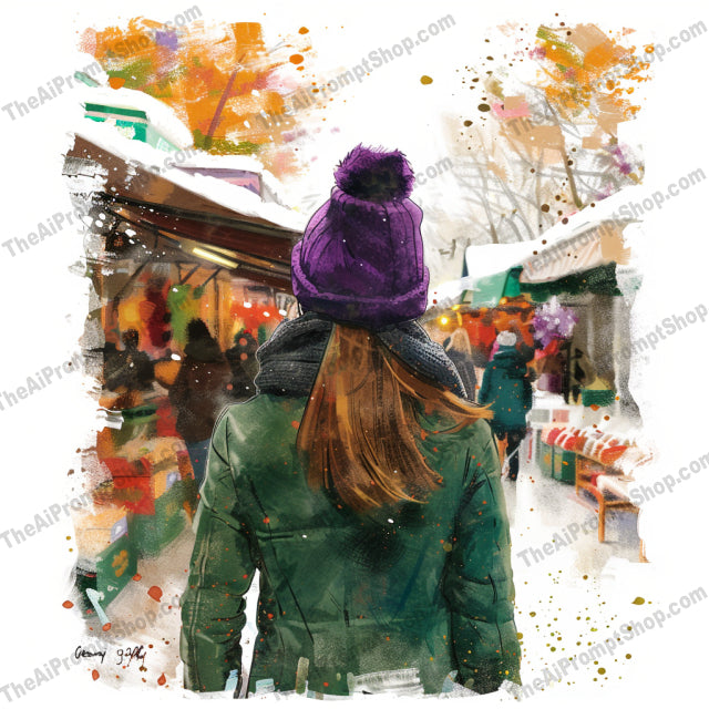 Back View of Travelers in Winter AI MidJourney Image Prompt, 8769 Animals, midjourney, travelers, winter, back view, winter fashion, scenic, exploration, lanterns, backpacks, winter coats, snow, cozy, scarf, beanie, outdoor market, street view, winter village, lanterns, artistic, beautiful, watercolor, Midjourney, Ai, Ai Image Prompt, Image Prompt, Prompt