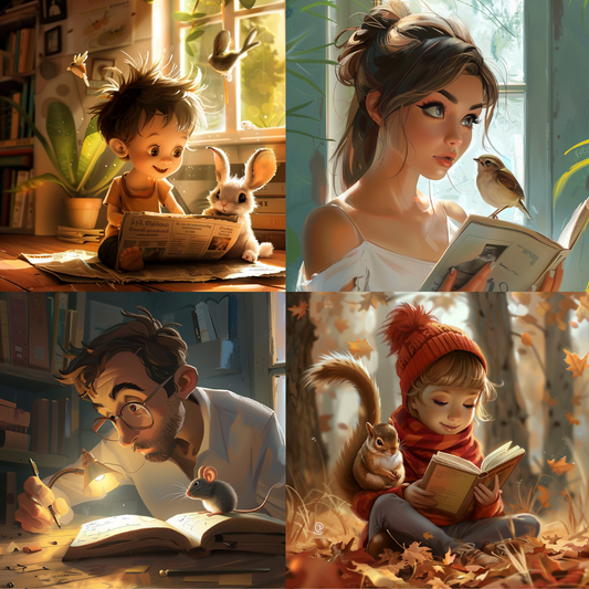 AI MidJourney Image Prompt, Cozy Reading Companions, 4954Animal friends, chat gpt, chat gpt prompts, chatgpt, chatgpt prompts, Gentle character studies, Homey atmosphere, Intimate bookish scenes, Leisurely afternoons, Literary companionship, Lively domestic settings, midjourney, Peaceful reading moments, Quiet contemplation, Storybook Illustrations, Warm indoor lighting