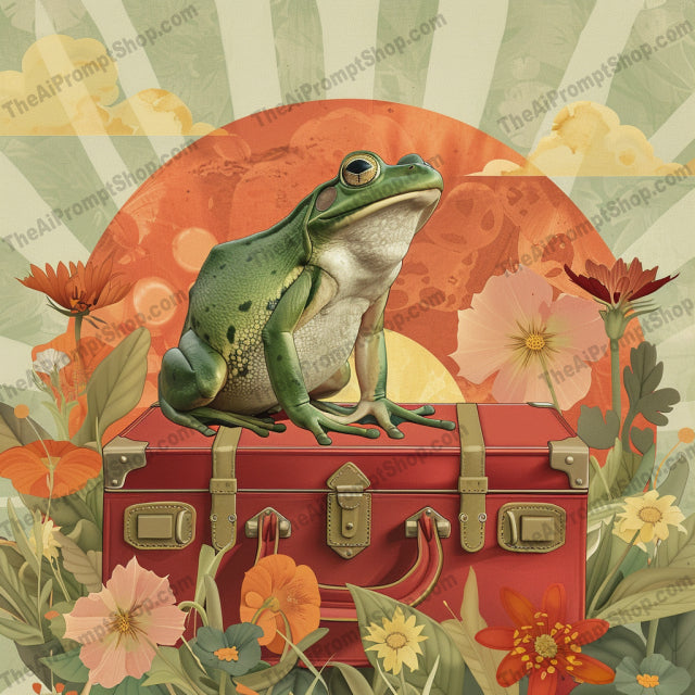Animals on Luggage AI MidJourney Image Prompt, 9269 Animals, midjourney, whimsical animals, fox illustration, frog art, flamingo drawing, rabbit design, vintage luggage, celestial background, floral elements, wave art, sun rays, dreamy illustration, fantastical animals, art collage style, vintage travel, animal portraits, surreal scenery, whimsical design, imaginative art, vintage vibe, storybook style, animal art, Midjourney, Ai, Ai Image Prompt, Image Prompt, Prompt
