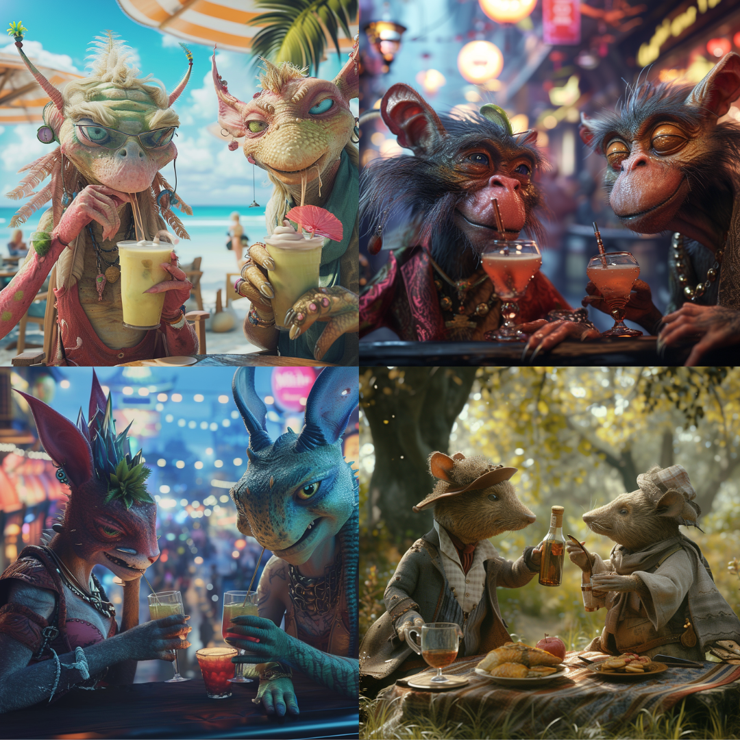 Mythical Mingle AI MidJourney Image Prompt, Character Art, 4213Animated anthropomorphism, Anthropomorphic animals, chat gpt, chat gpt prompts, chatgpt, chatgpt prompts, Creature comforts, Enchanted encounters, Enchanted gatherings, Fairytale socials, Fantastical creatures, Folklore friends, Imaginative rendezvous, Legendary leisure, Magical realism, midjourney, Mythical beings, Storybook socialites, Surreal soirees, Whimsical characters