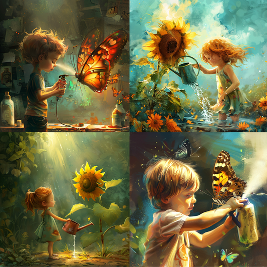 AI MidJourney Image Prompt, Sunlit Botanical Escapades, 4955Butterfly enchantment, chat gpt, chat gpt prompts, chatgpt, chatgpt prompts, Childlike wonder, Flora and fauna interplay, Golden sunlight play, Joyful nurturing, Luminous nature scenes, midjourney, Radiant blooms, Sprouting imagination, Storybook Illustrations, Sunflower sprites, Whimsical gardening