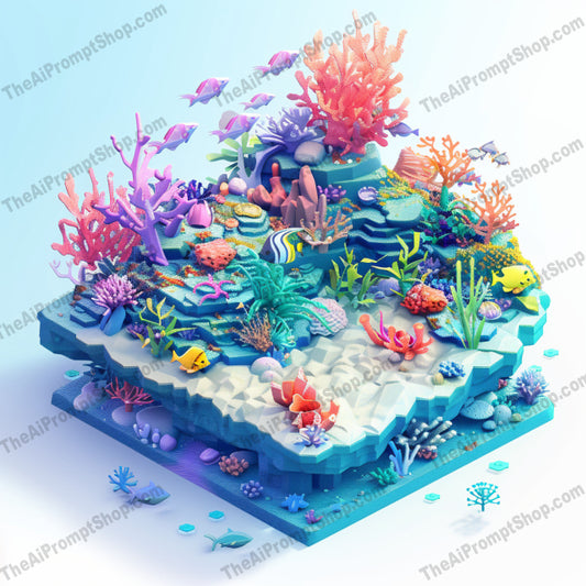 Isometric Scenes Collection AI MidJourney Image Prompt, 9526 Isometrics & Icons, midjourney, isometric, illustration, coral reef, underwater, Asian market, coffee shop, futuristic cityscape, vibrant, detailed, colorful, 3D art, digital art, visual art, creative, scene, miniature world, detailed design, artistic, modern art, isometric art, Midjourney, Ai, Ai Image Prompt, Image Prompt, Prompt