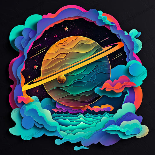 Dreamy Cosmic Landscape AI MidJourney Image Prompt, 8755 Fantasy, midjourney, cosmic, dreamy, surreal, fantasy, vibrant colors, space, nature, mystical, whimsical, abstract shapes, stars, planets, moons, clouds, eye, landscape, imagination, dreamscape, stellar, ethereal, paper art style, Midjourney, Ai, Ai Image Prompt, Image Prompt, Prompt