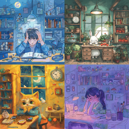 Whimsical Workspace Art AI MidJourney Image Prompt, 9468 Storybook Illustrations, midjourney, whimsical, workspace, cozy, magic, wonder, illustration, creative, late-night, imaginative, art, desk, books, plants, lamps, night, interior, home office, cute, decor, curiosity, serenity, Midjourney, Ai, Ai Image Prompt, Image Prompt, Prompt