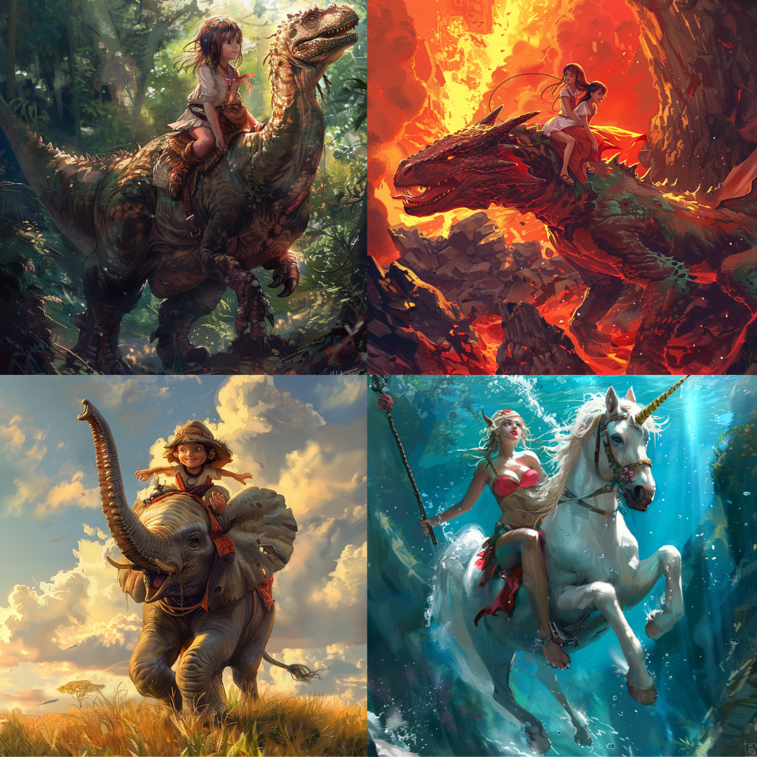 AI MidJourney Image Prompt, Epic Journeys Unbound, 4956chat gpt, chat gpt prompts, chatgpt, chatgpt prompts, Dinosaur riders, Elemental realms, Enchanted underwater rides, Fantastical quests, Heroic expeditions, Legendary companions, Magical travel, midjourney, Mythic mountaineering, Prehistoric adventure, Storybook Illustrations, Unbridled exploration