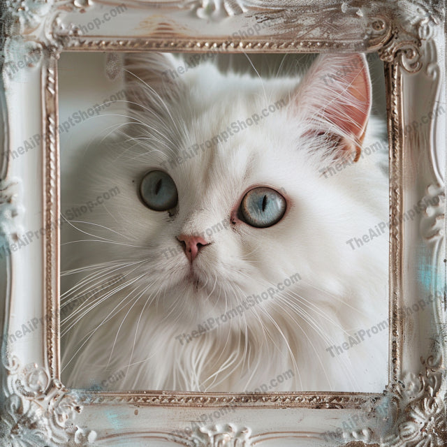 Elegant White Animals in Ornate Frames AI MidJourney Image Prompt, 8081animal lovers, classic elegance, detailed portraits, dove art, graceful animals, home decor, intricate design, luxury decor, luxury interiors, midjourney, ornate frames, owl art, rabbit art, refined artwork, regal cat art, sophisticated wall art, timeless art, vintage-inspired decor, white animal art
