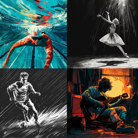 AI MidJourney Image Prompt, Dynamic Expression in Motion, 4957Artistic performance, Athletic determination, Ballet poise spotlight, chat gpt, chat gpt prompts, chatgpt, chatgpt prompts, Dynamic movement, Fluid swimming strokes, Graceful dance finesse, Guitar reverie, Intensity in sports, midjourney, Rainy day melody, Soccer in the rain, Storybook Illustrations