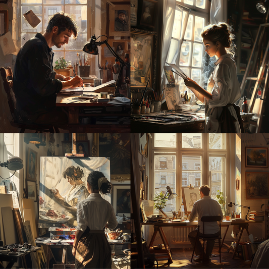AI MidJourney Image Prompt, Quiet Moments of Creation, 4958Artisan focus, Artist at work, Artistic immersion, chat gpt, chat gpt prompts, chatgpt, chatgpt prompts, Contemplative creation, Crafting beauty, Creative concentration, Inspiration in light, midjourney, Painter's solitude, Peaceful illustration, Serene studio light, Storybook Illustrations